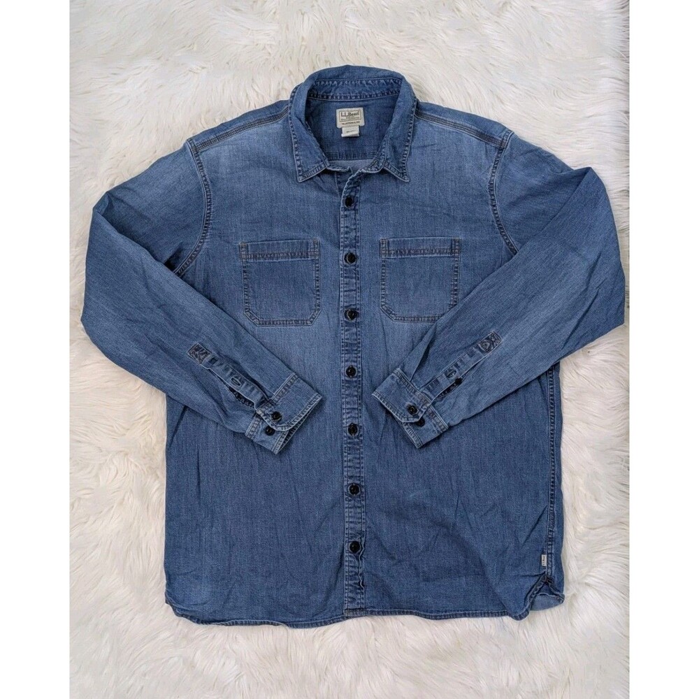 L.L.Bean Traditional Fit Blue Denim Button-Up Shirt Pockets Long Sleeve XL Tall